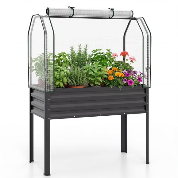 Costway 1 PCS Jardinière Surélevée Galvanisée avec Pattes Housse de Serre Porte Enroulable pour Légumes Noir