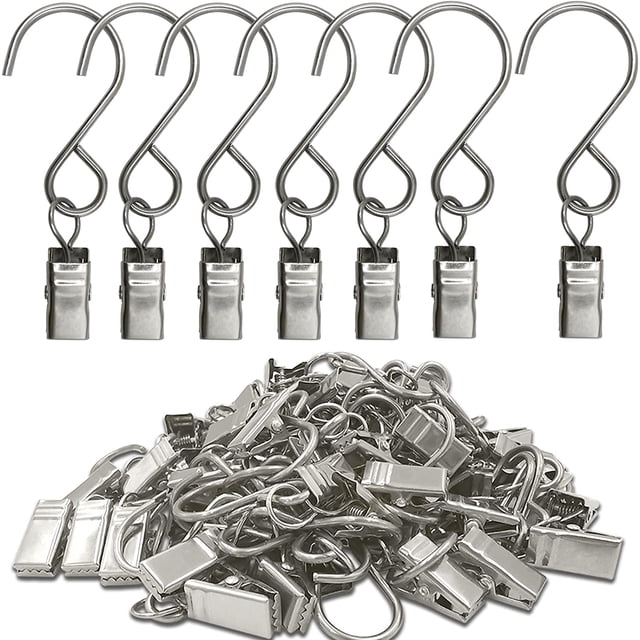 Stainless Steel S Hooks Curtain Clips, 50 Pack Hanging Party Lights Clips, Hangers Gutter Photo, Art Craft Display, 3 Inch Long, Silver