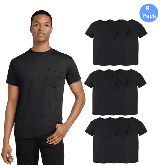 Gildan Men's Black Short Sleeves T-Shirt, Crewneck Havey Cotton with Single Pocket Tee, 9 Pack, Size L