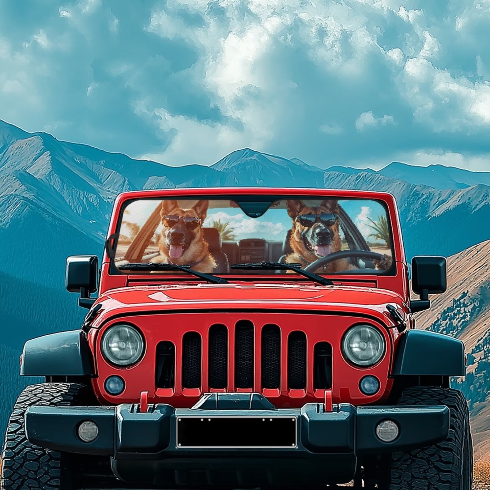 HUIACONG Cool Dog Foldable Windshield Sun Shade Compatible with Jeep Wrangler Sun Shade fit for Jeep Wrangler JL JLU 2018-2025 / Jeep Gladiator 2020-2025 ,Keep Car Interior Cooler