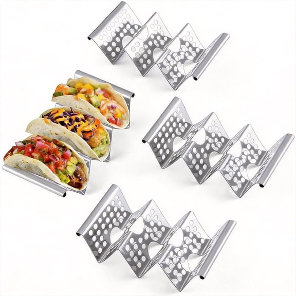 4-Pack Stainless Steel Taco Holders with Easy-Access Handles, Oven and Air Fryer Safe Taco Stand Set, Each Holds Up to 3 Tortillas for Kitchen and Party Serving (Metal)