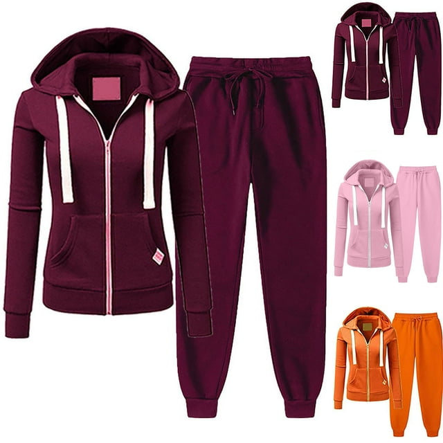 CFLVAEK Two Piece Sweatsuits for Women Zip Up Long Sleeve Hoodies High Drawstring Waisted Jogger Pants Outfits Sets Solid Color Fall Tracksuits wtih Pockets Orange XL