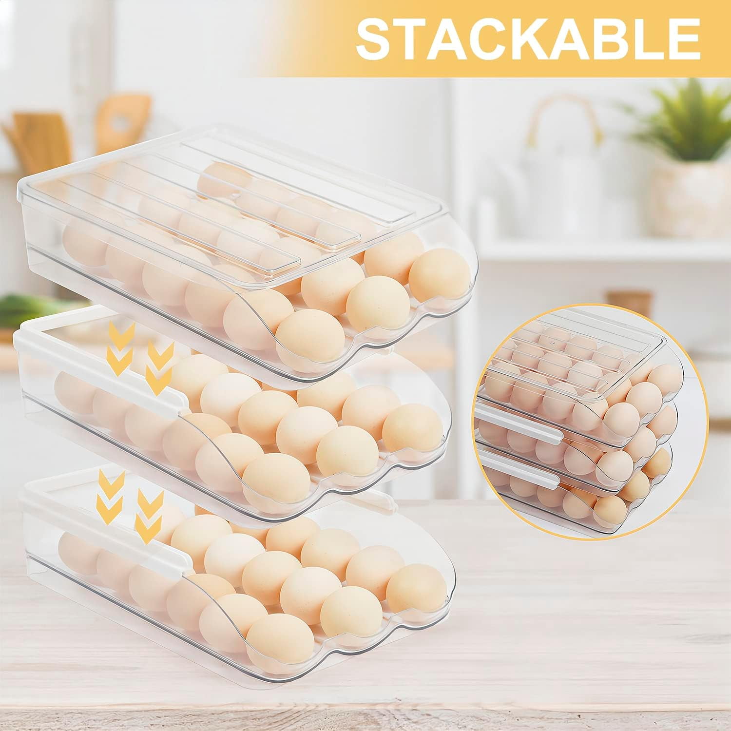 Auto Rolling Storage Container 18 Egg Tray with Lid Clear Plastic Egg Dispenser Egg Tray and Bin -1 Layer