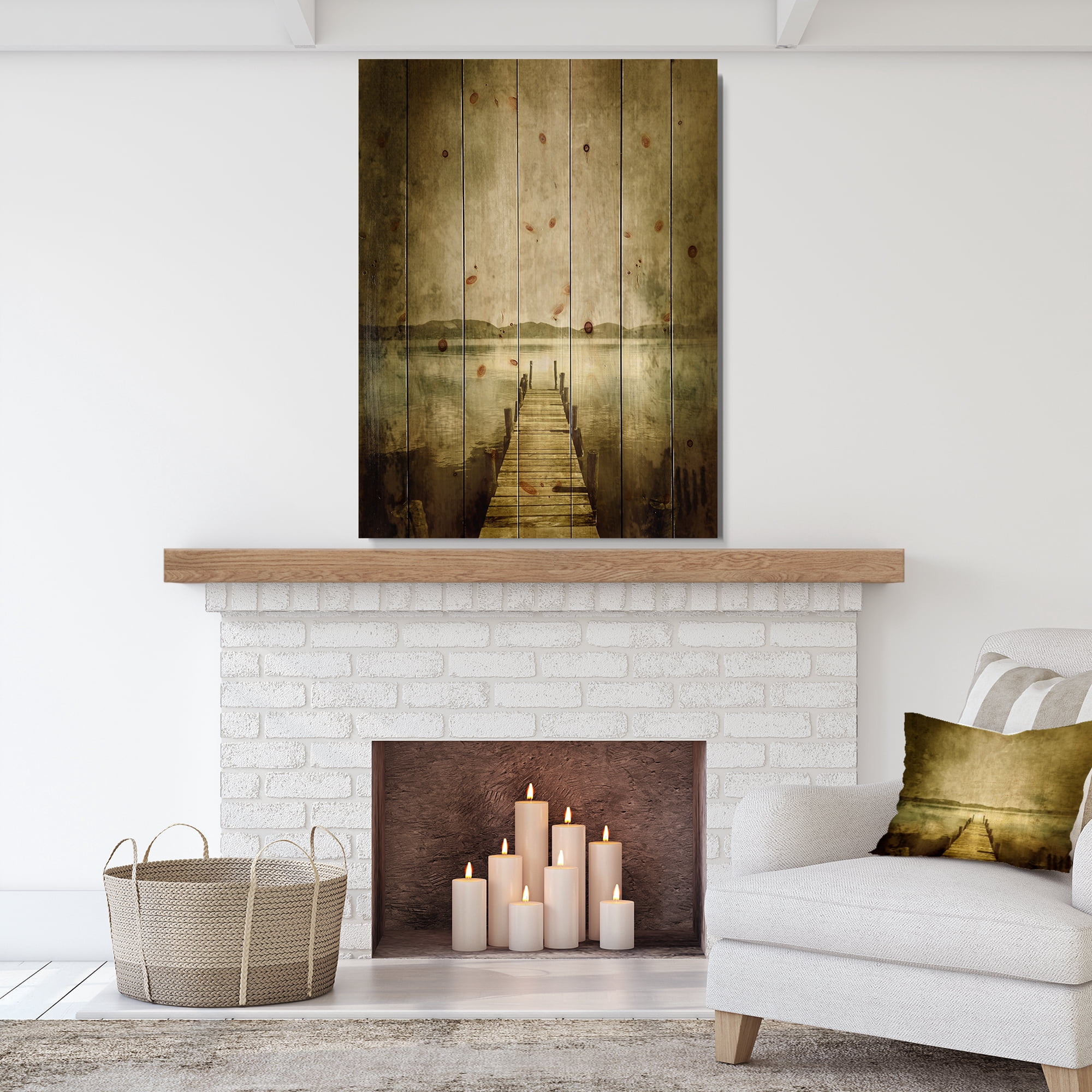 Designart 'Vintage Pier Over Lake' Landscape Print on Natural Pine Wood
