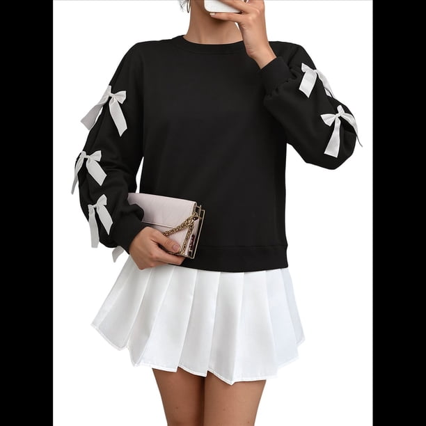 Blusa de Larga con Lazo Y2K para Mujer - Cuello Redondo Rojo con Lazo Navideño y de Año - Camisa Holgada Extragrande Negro M