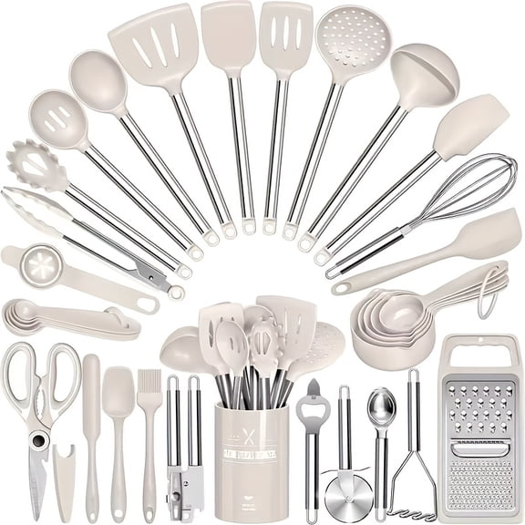 34Pcs Silicone Cooking Utensils Set for Nonstick Cookware, Stainless Steel Handle Black Kitchen Gadgets, Spatulas Set Pots Pans Accessories, Ideal Father's Day Gift