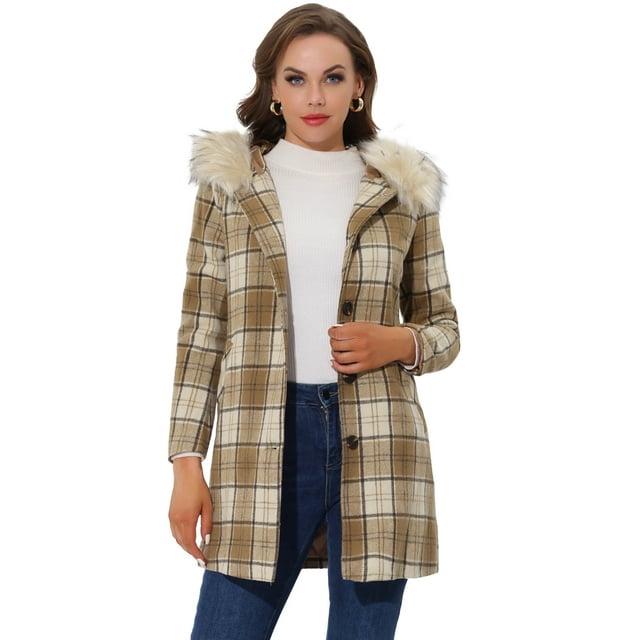 INSPIRE CHIC Abrigo de invierno de un solo pecho para mujer Gabardina larga a cuadros con capucha Marrón Claro M