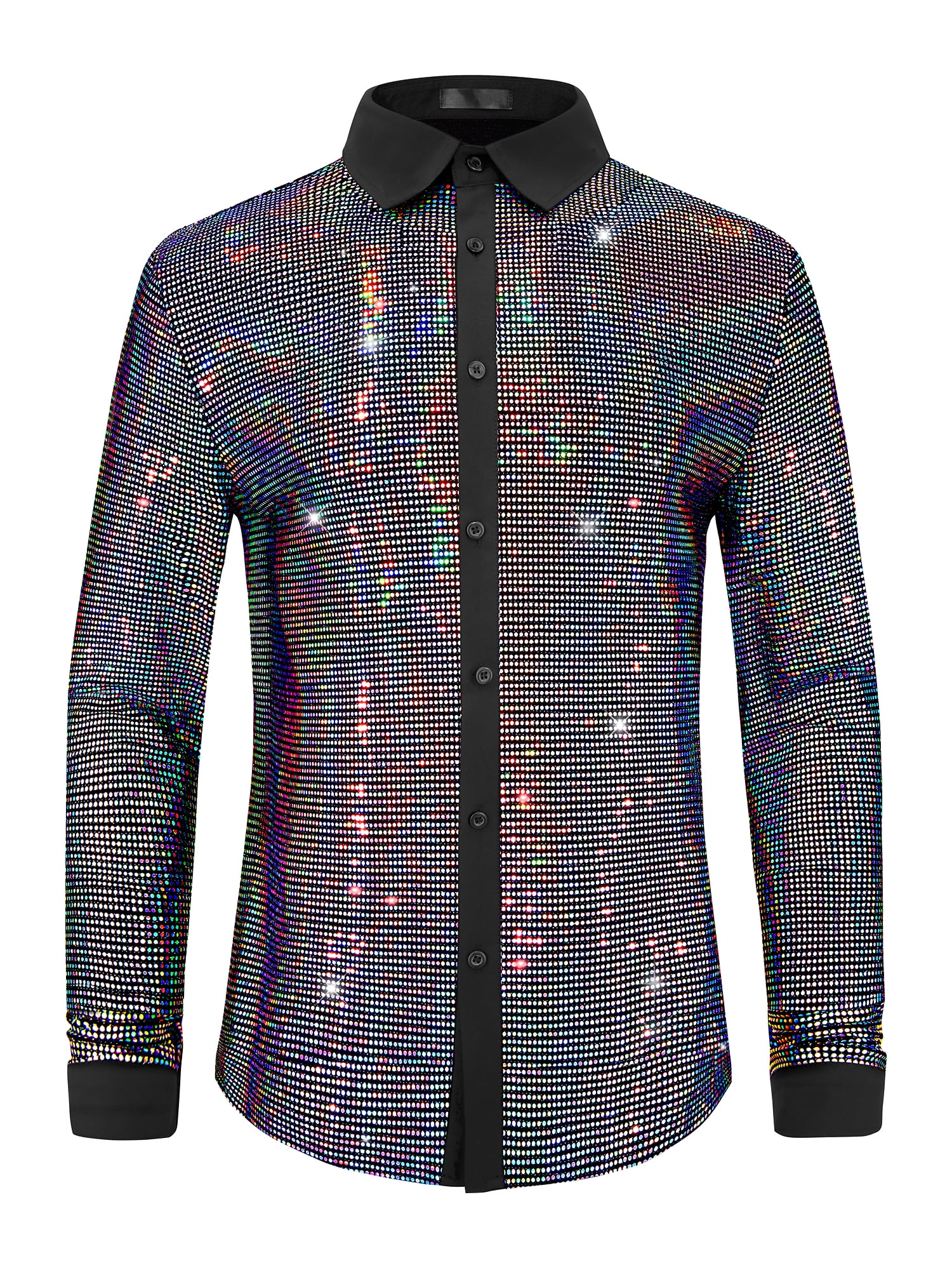DARING DIVA Men's Sequin Long Sleeves Button Down Disco Metallic Shiny Shirts M Silver