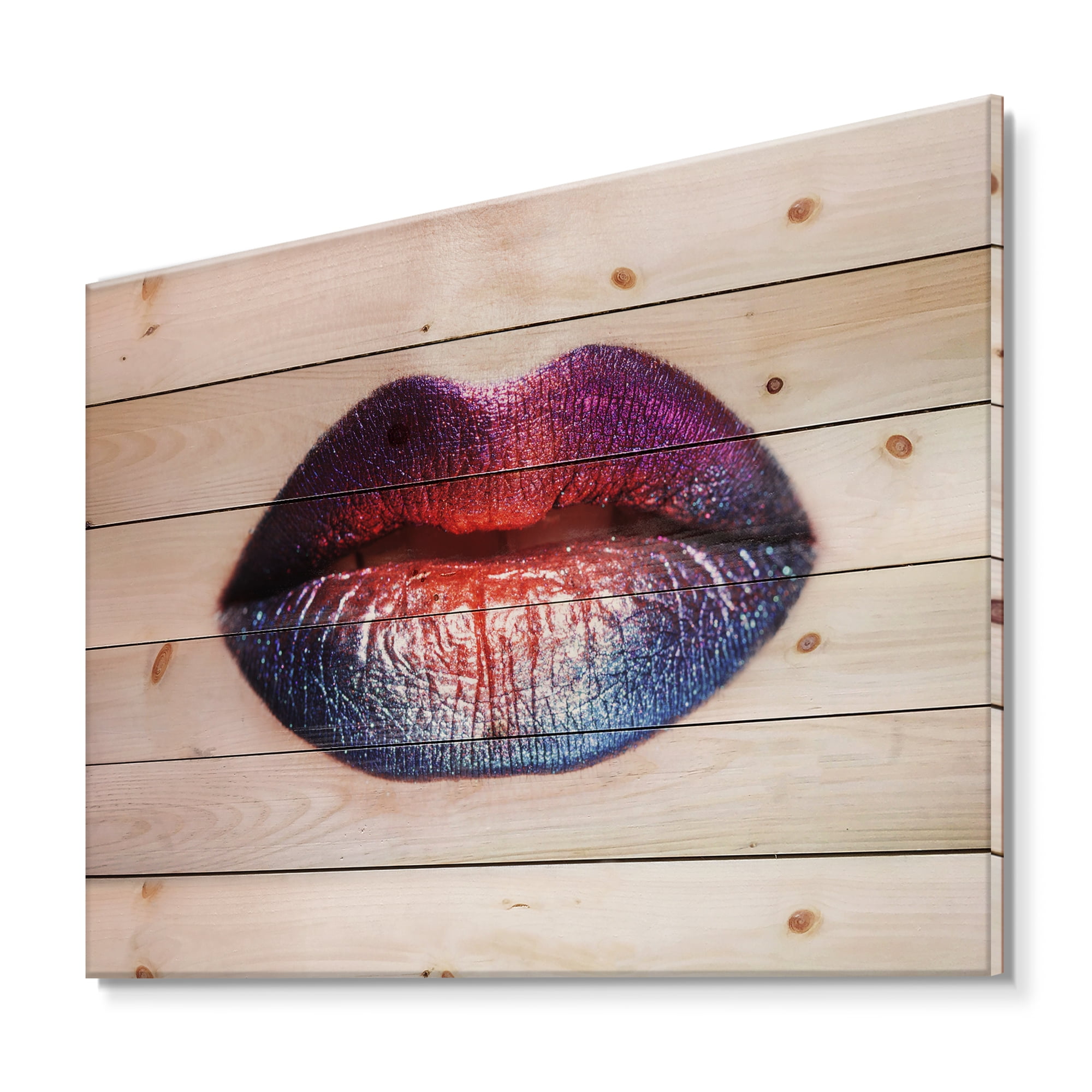 Designart 'Female Lips With Bright Multicolored Lipstick' Modern Print on Natural Pine Wood