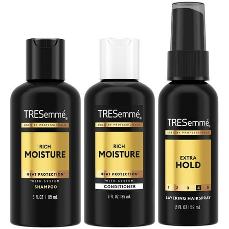 TRESemmé Travel Shampoo, Conditioner & Hairspray – Rich Moisture Hair Products   Non-Aerosol Hair Spray, 24H Frizz Control (3 Piece Set)