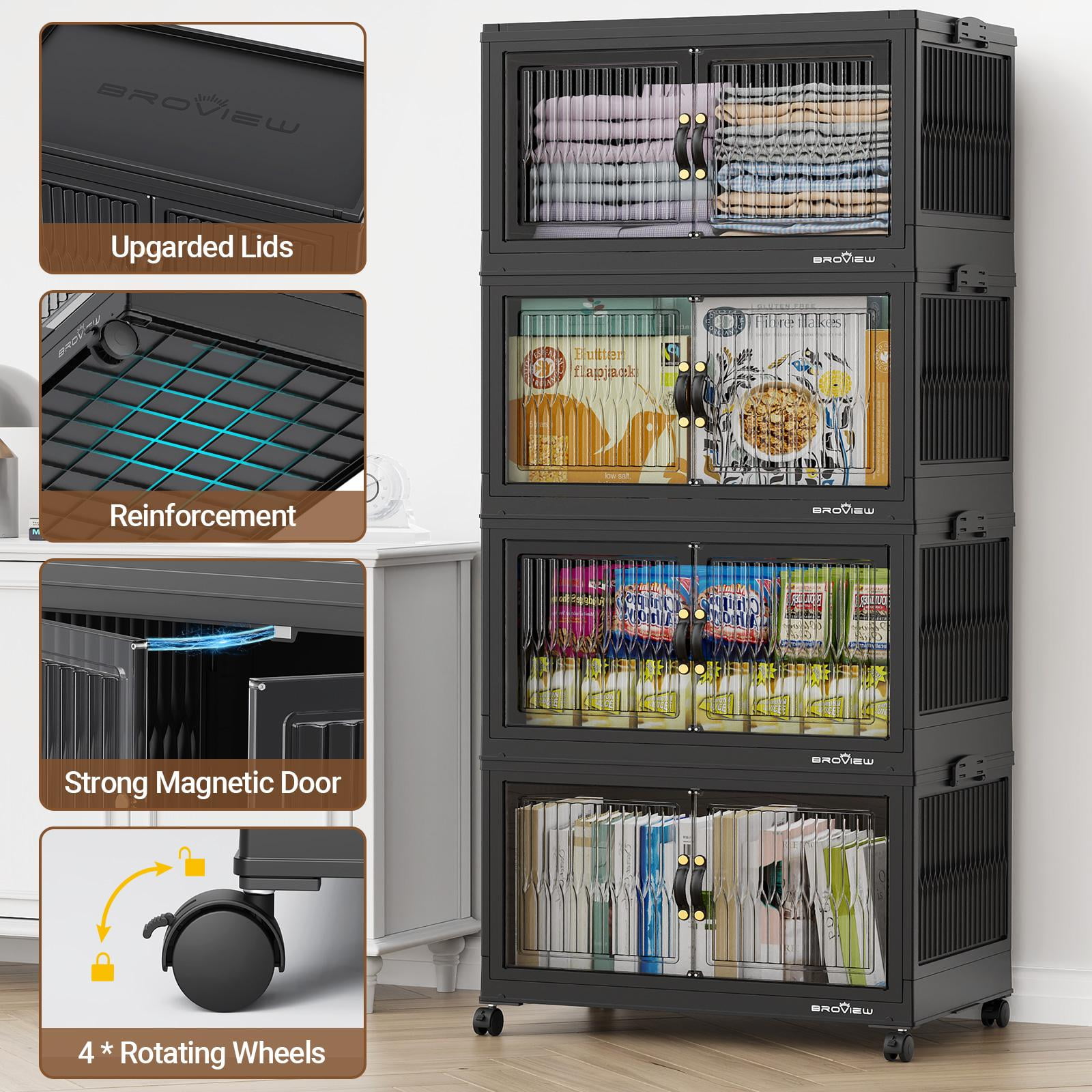 BROVIEW 120Gal Large Storage Bins with Lids, 480Qt Plastic Stackable Closet Organizer and Storage, Collapsible Storage Box with Wheels, Folding Storage Cabinet Containers for Home Office, 3Pack Black