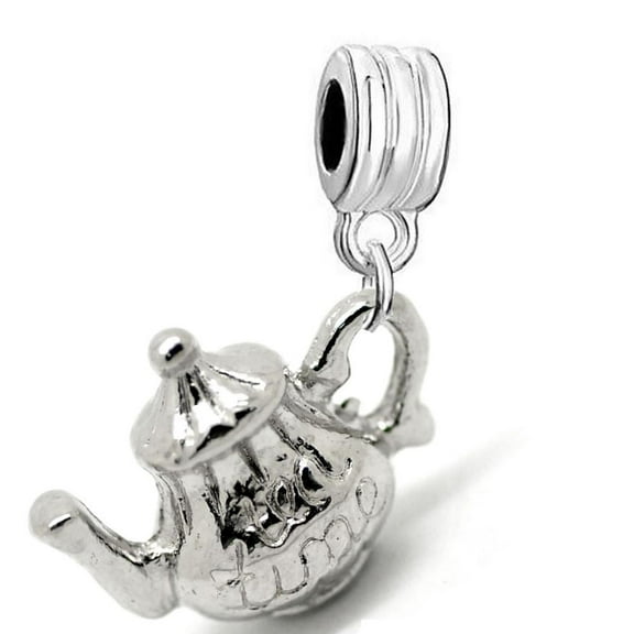 Sexy Sparkles 3D Tea Pot Charm Dangle "Tea Time" Stamped European Bead Compatible with Most European Snake Chain Bracelets - Zinc Metal Alloy