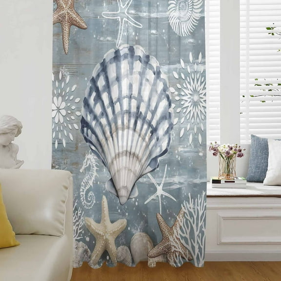 Blue Shell Coastal Semi Sheer Curtains Drapes for Living Room,Bedroom,French Doors Window 54 Inches Long,Summer Beach Nautical Starfish Coral Rod Pocket Chiffon Curtain Drapery Voile Draperies Panel