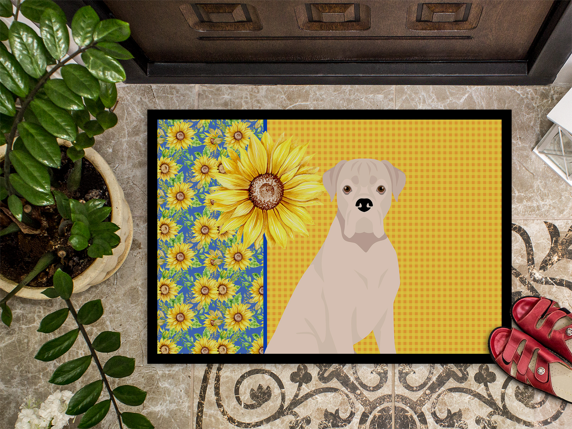 Summer Sunflowers Natural Eared White Boxer Indoor or Outdoor Mat 18x27 27 in x 18 in
