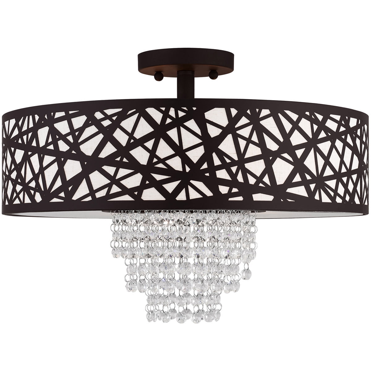 4 Light Bronze Ceiling Light fixture with Oatmeal Color Fabric Hardback Inside & Clear Crystals Shade