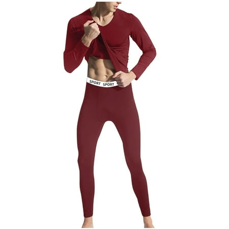 Ceisia Men s Solid Seamless Heat-Generating Thermal Underwear Set V-Neck Long Sleeve Base Layer Wine XXXL Gifts