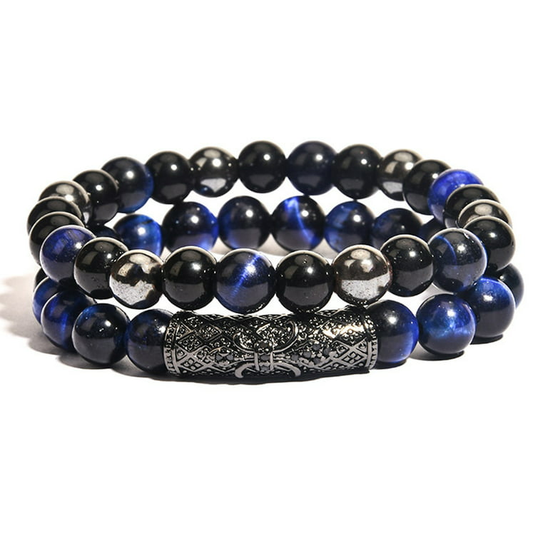 Black & Sunset w/ Blue Color Splotches Bead Clear Elastic String Bracelet