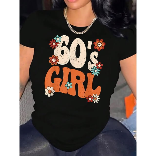 Camiseta de mujer Ropa de verano básicaRetro Floral Print Women's T-Shirt - Casual Crew Neck, Short Sleeve, Stretchy Polyester Blend, Machine Washable - Perfect for Summer & Everyday FashionFather's