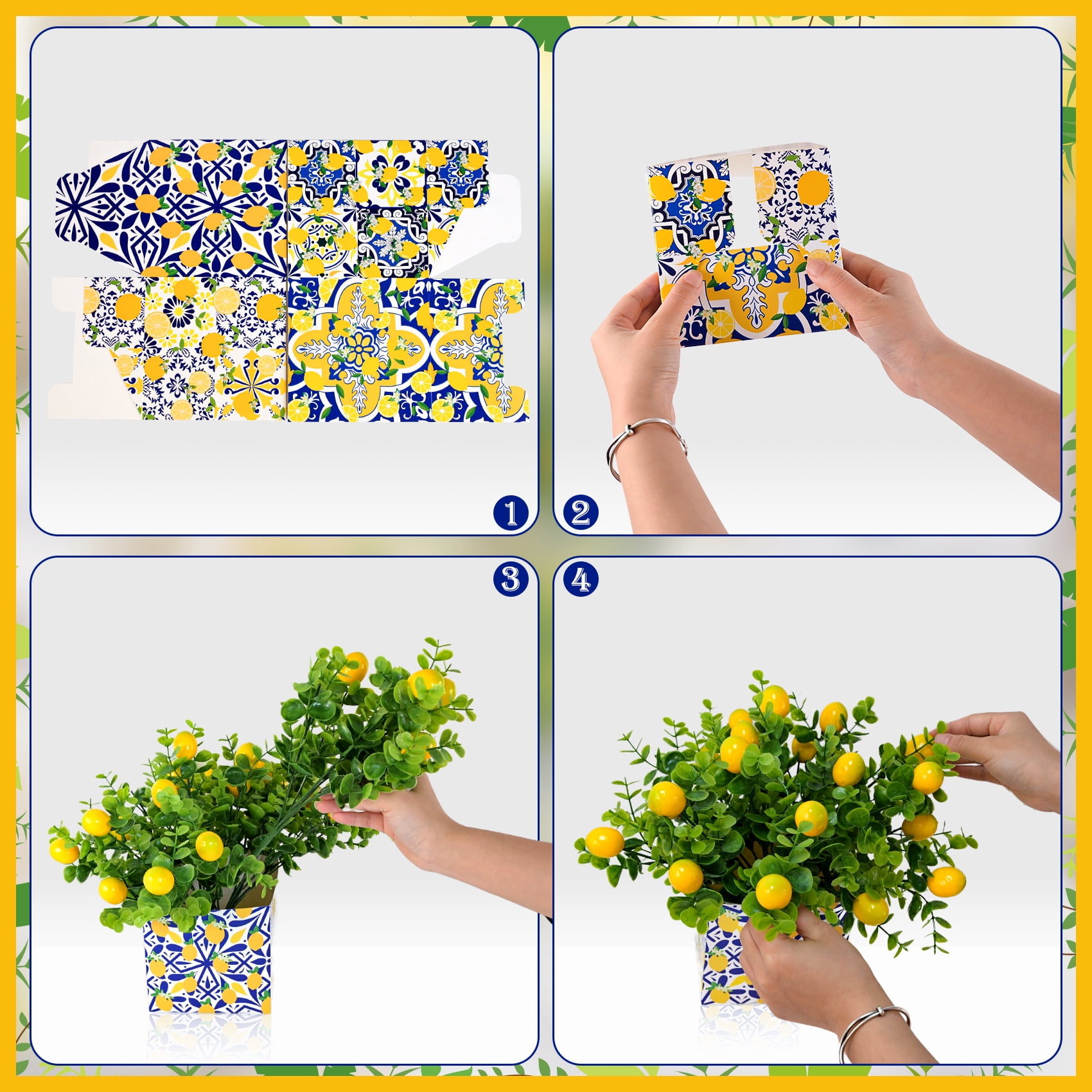 3 Sets Blue Tiles Lemon Table Centerpiece Decor - Amalfi Coast Party Decorations with Artificial Lemons for Mediterranean Wedding, Baby Shower, Capri Positano Theme