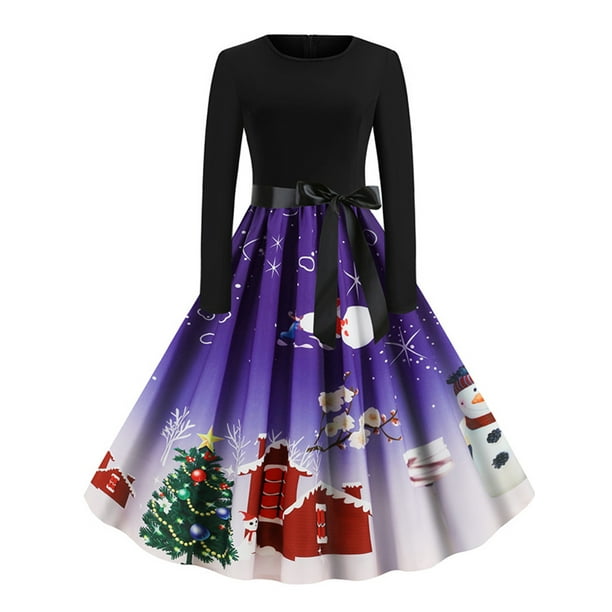 Wodstyle - Women's Vintage Long Sleeve Floral Xmas Swing Christmas Skater Dress - Walmart.com 