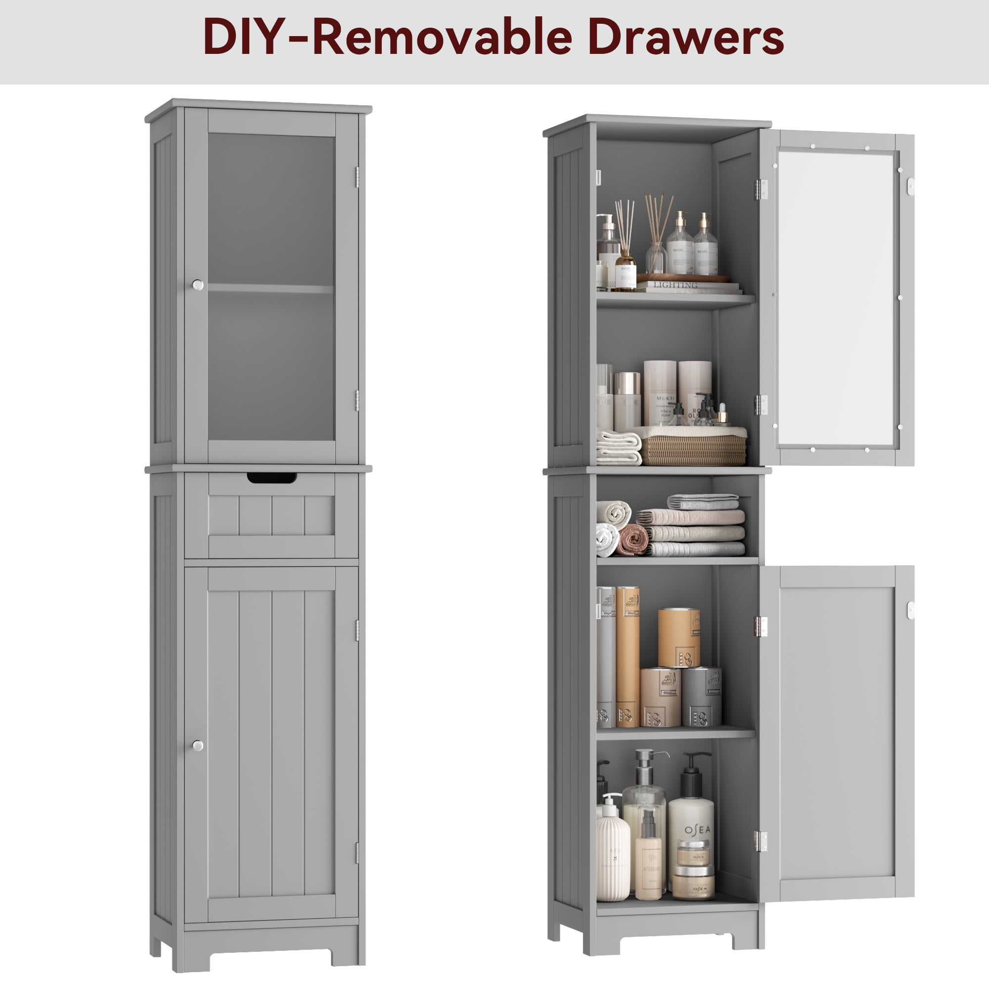 Homfa Bathroom Storage Tower, Narrow Linen Cabinet with Door and Drawers, Tall Bathroom Storage Cabinet for Small Spaces, Gray
