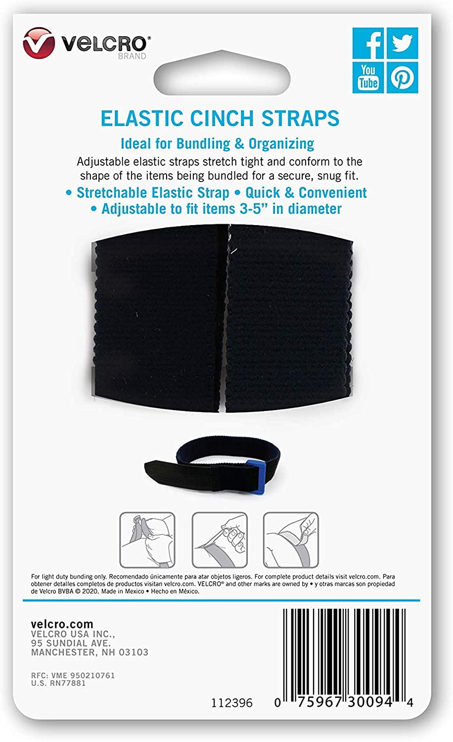VELCRO Brand Elastic Cinch Strap 15X1 2/Pkg-Black 
