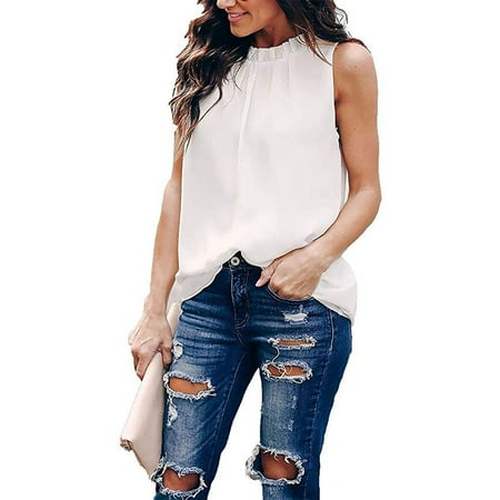 Women Summer Chiffon Blouses Sleeveless Shirt O Neck Pleated Tank Halter Tops
