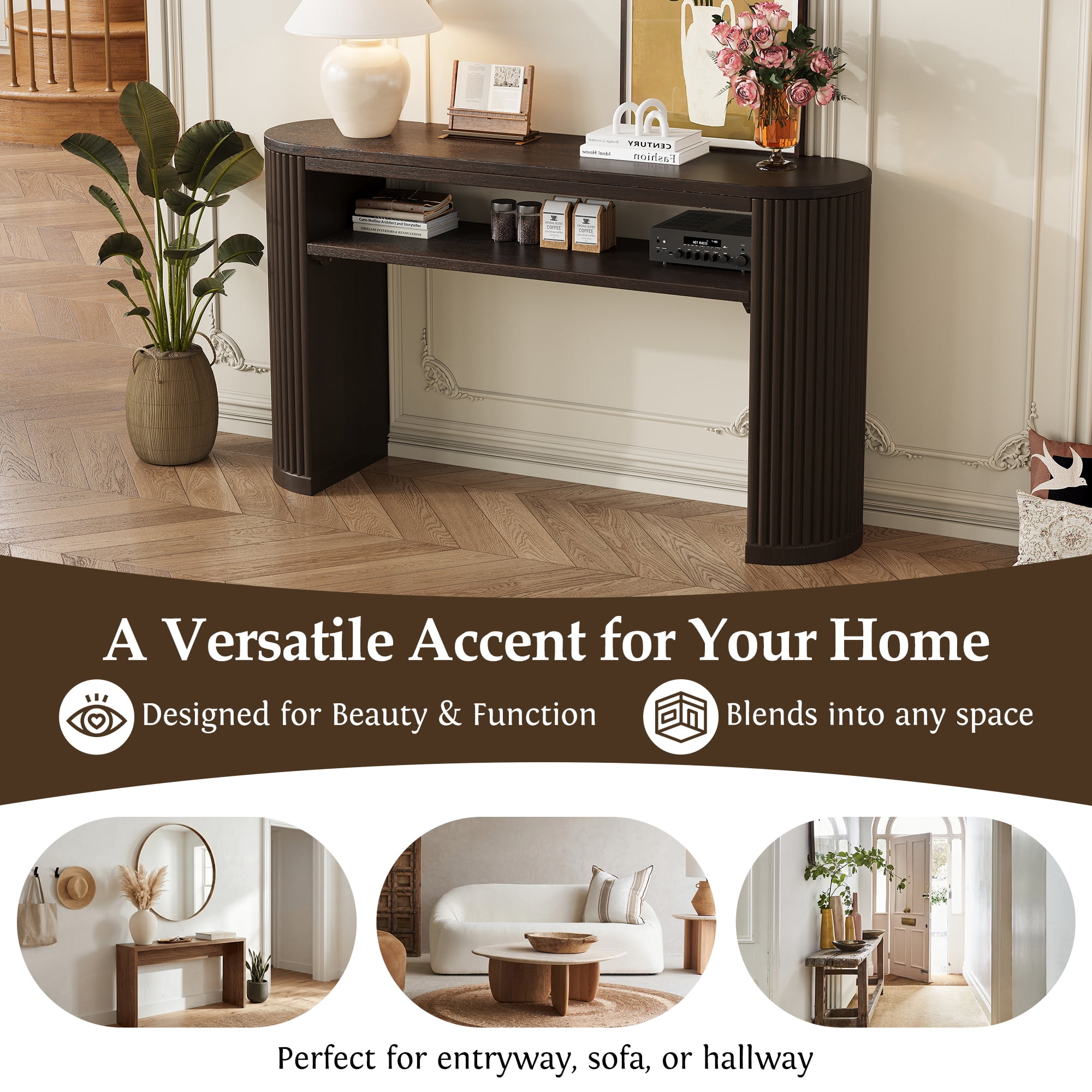 Euroco 53" Fluted Console Table, Modern Entryway Table with Open Storage Shelf & Wood Legs, Long Sofa Table Behind Couch for Living Room, Hallway,Espresso