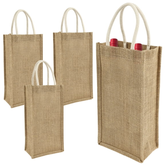4 Pcs Jute 2 Bottle Wine Tote Bag with Divider and Cotton Rope Handles Reusable Wine Carrier Tote Bag for Weddings Parties Birthdays