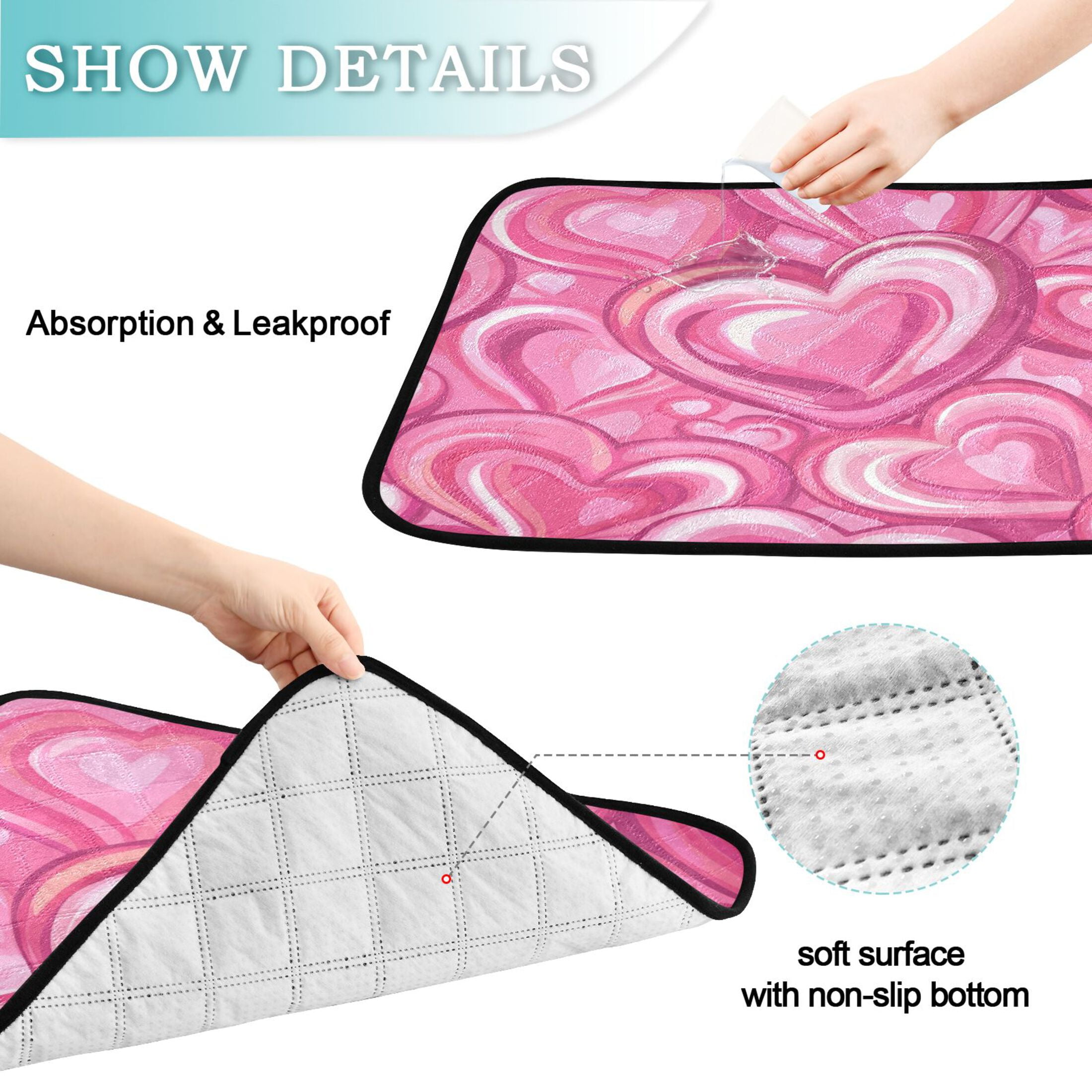 Washable Pet Pee Pads with Super Absorbent Reusable Training Pads for Dogs & Cats Pattern with Pink Hearts