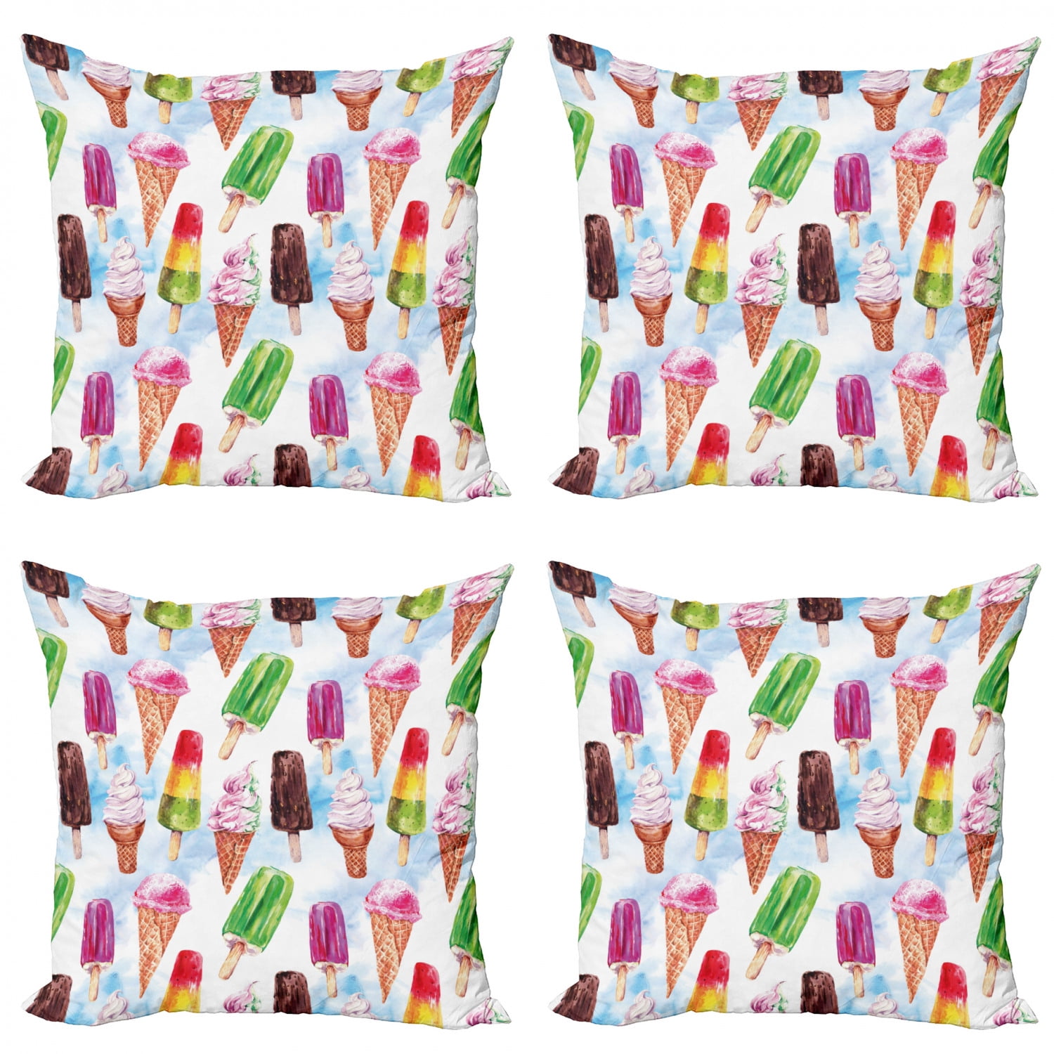 Ice Cream Throw Pillow Cushion Case Pack of 4, Surreal Exotic Type Ice