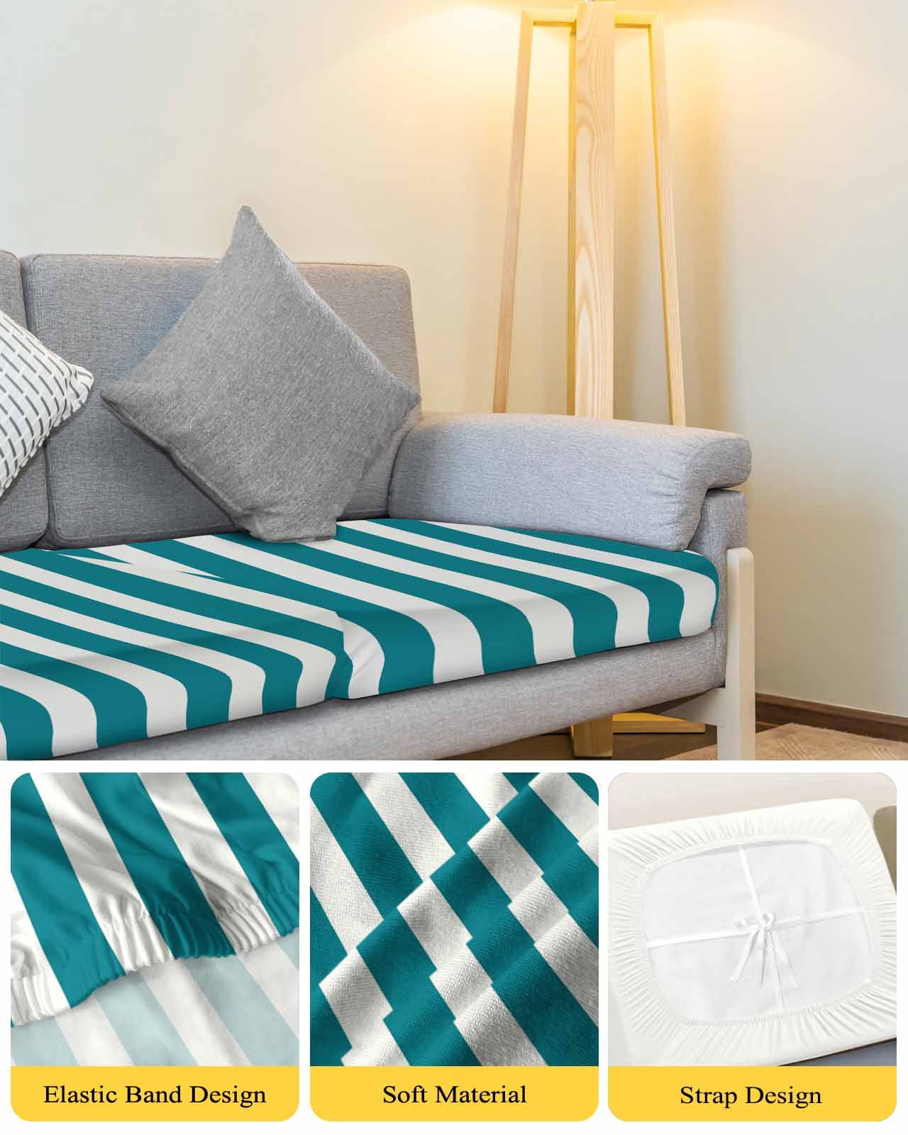 Teal Striped Couch Cushion Covers,Stretch Seat Cushion Covers for Sectional Sofa,Simple Art Vertical Stripe Farmhouse Individual Sofa&nbsp;Slipcovers Furniture Protector with Elastic&Straps 1Pcs,S