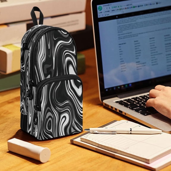 Backpack Pencil Case, 3 Compartment Large Capacity Oxford Fabric Pencil Pouch / Matte Black Flowing Lines