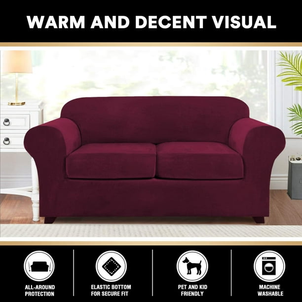 Velvet Stretch 3 Piece Loveseat Covers for 2 Cushion Couch