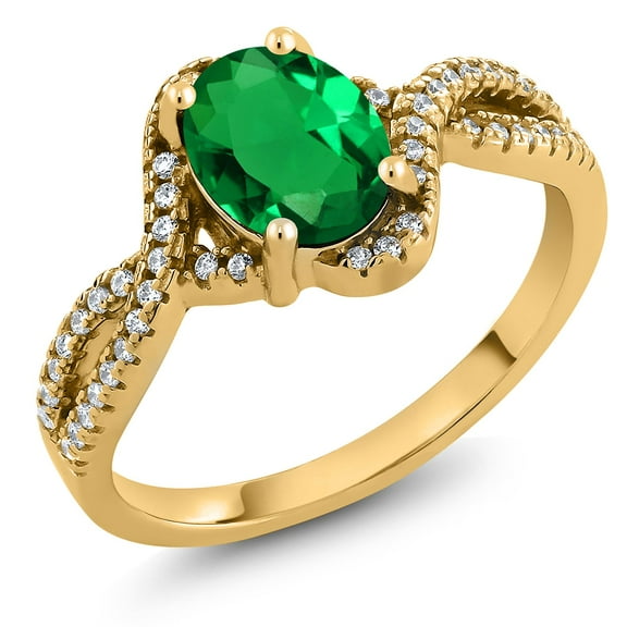 Gem Stone King 1.33 Ct Oval Green Simulated Emerald 18K Yellow Gold Plated Silver Ring (Size 7)