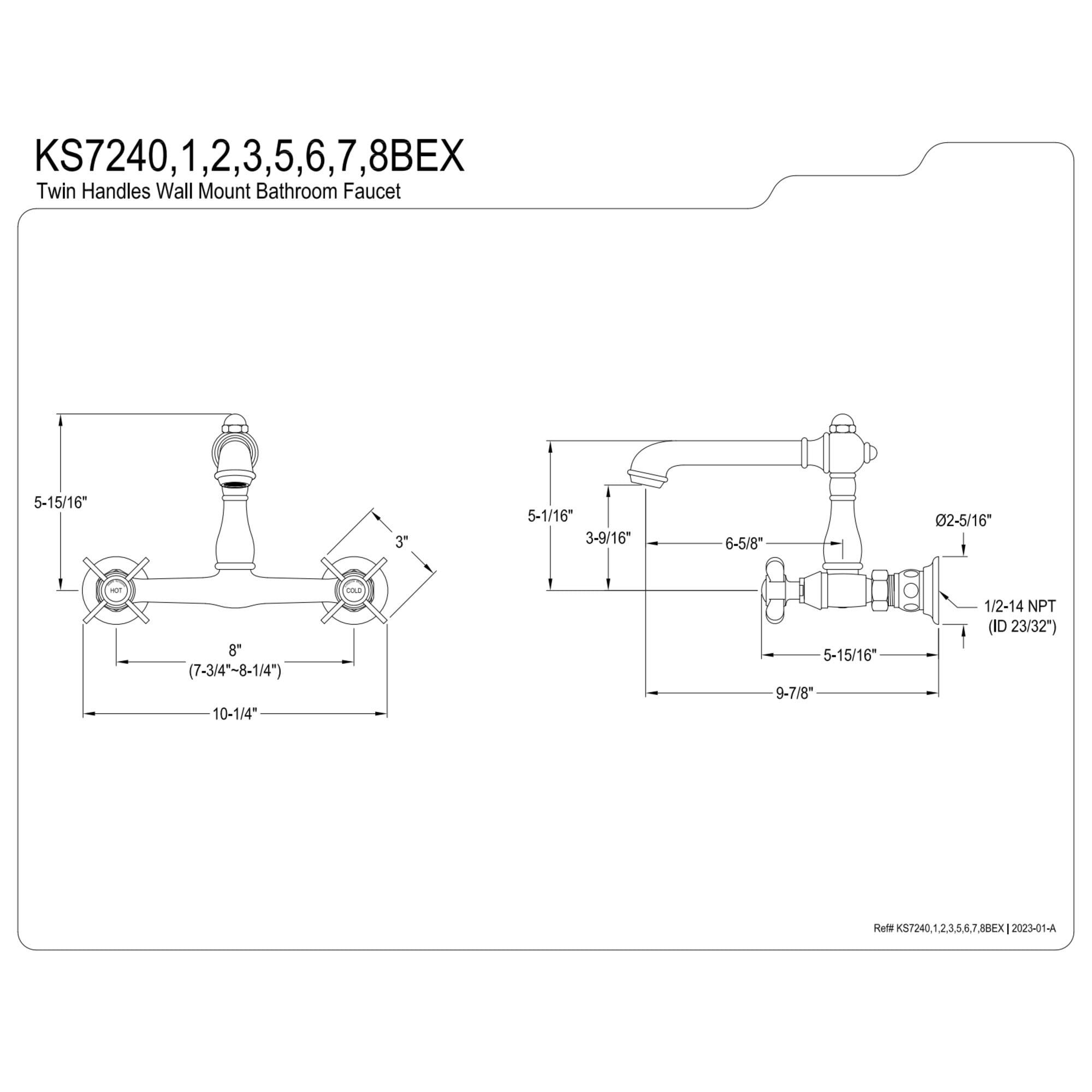Kingston Brass KS7248BEX Essex Double-Handle Wall Mount Bathroom Faucet, Brushed Nickel