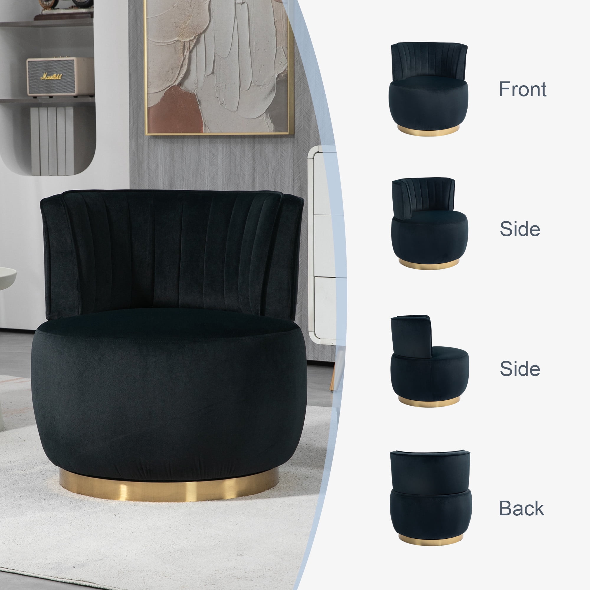 MOONMISS Velvet Upholstered 360 Degree Swivel Armless Round Barrel Chairs for Living Room-Black