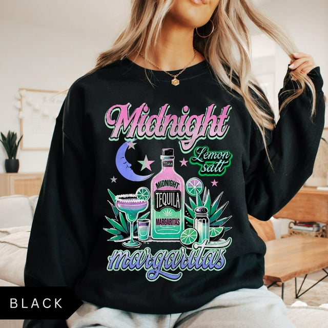 Chandail en Molleton Midnight Margaritas, Chandail en Molleton Tendance pour Femmes, Chandail en Molleton Graphique Rétro Boho, - Noir - L