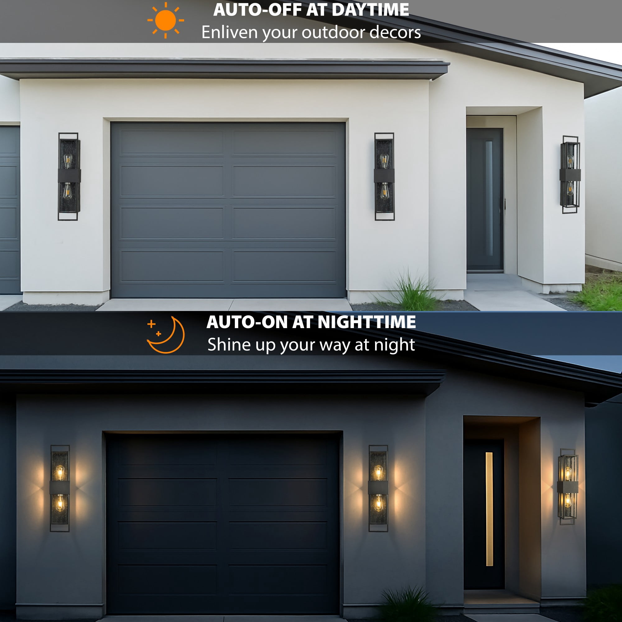 Modern Outdoor Wall Light with Dusk to Dawn Sensor H26'' Black Exterior Wall Lantern with Seeded Glass 2-Light Waterproof Sconce for Porch Garage Entryway Bulbs Not Included
