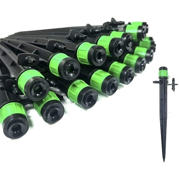 (100-PACK) - 1/4" Inch 360 Degree Drip Emitter On 6" Stake Sprayer Adjustable Flow 0-20 GPH, Fits 1/4 (4-6mm) Irrigation Tubing - Micro Bubbler Drippers for Drip Irrigation