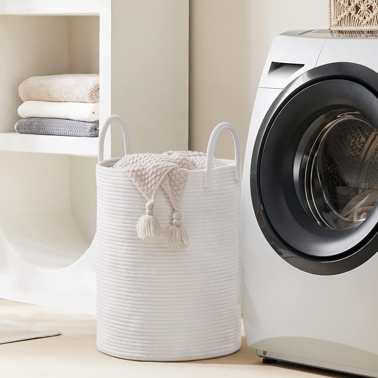 Jute Rope Laundry Hamper Basket , 58L Tall Laundry Basket, Baby Nursery Hamper for Blanket Storage for Bedroom-Large-Jute