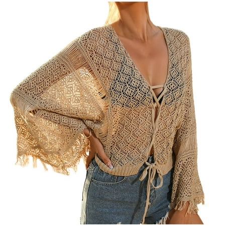 Zpanxa Bathing Suit Cover up for Women Bikini Swimsuit Coverup Tassels Beach Crochet Loose Hollow Out Coverup Top Beige L