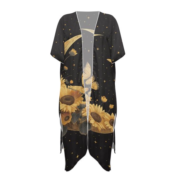 HELLHERO Sunflowers Moon Long Kimono Swimsuit Cover Up High Quality Fabrics Cardigan Free Size Bathing Suit Cover Up for Women
