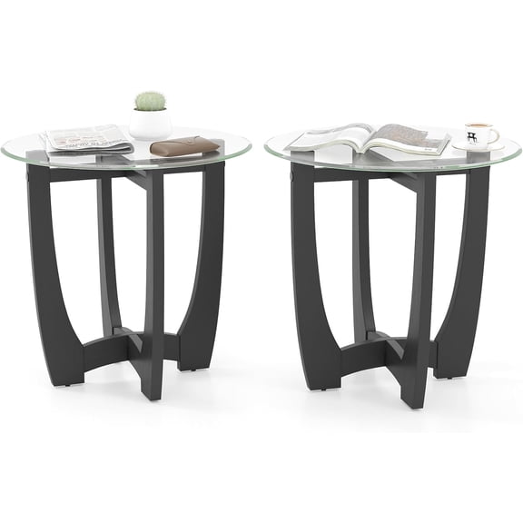 MUERE Glass Round End Table Set of 2, 23.5" Sofa Side Table with Solid Rubber Wood Frame & Tempered Glass Tabletop, Cross Base, Modern Glass Coffee Table for Living Room, Bedroom, Apartment, Black
