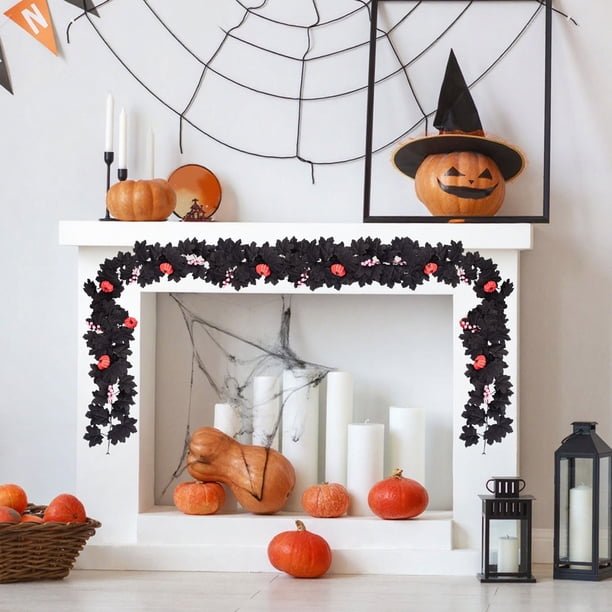 Guirnalda de ratán de hoja de arce de Halloween | Enredadera colgante de seda artificial negra • Decoración para chimenea interior de 28x25 cm • Acento navideño de otoño para Acción de Gracias •