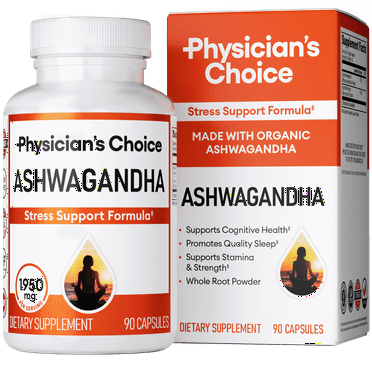 Physician's Choice Ashwagandha - 1950mg Organic Ashwagandha Root, Black Pepper, Stress & Mood Support, 90 Caps