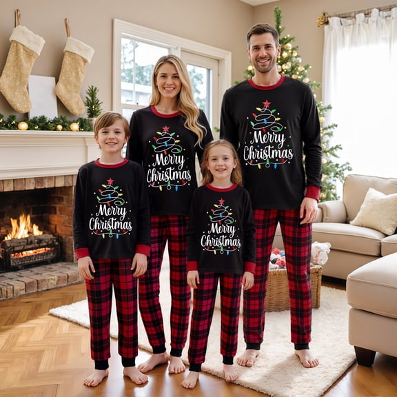 AIGUR Family Matching Christmas Pajama Set, Long Sleeve Letters Print T-shirt with Plaid Pants Sleepwear Loungewear