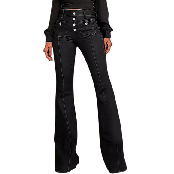 Yourumao Bootcut Jeans for Women Retro Elastic Waisted Bell Bottom Jeans Business Casual Flare Denim Pants with Pocket