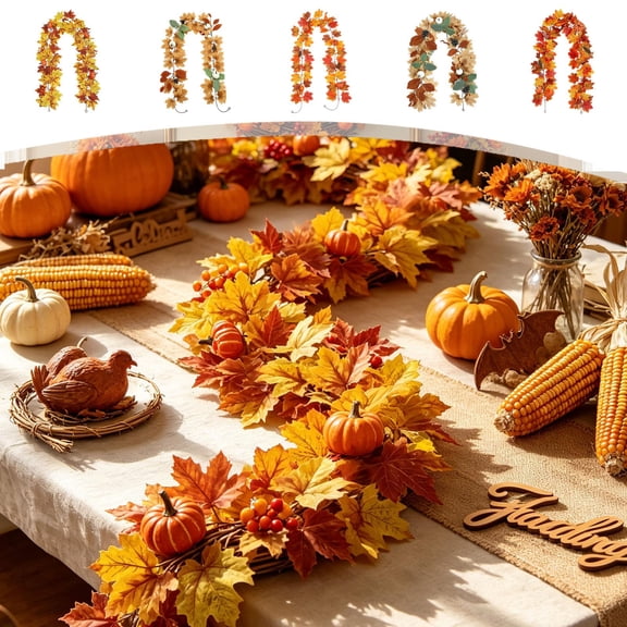 Halloween Garland Outdoor, Autumn Maple Leaves Hanging Vines, Thanksgiving Decoration with Pumpkin Fall Colors Simulated Maple Leaves, 175cm/68.9in