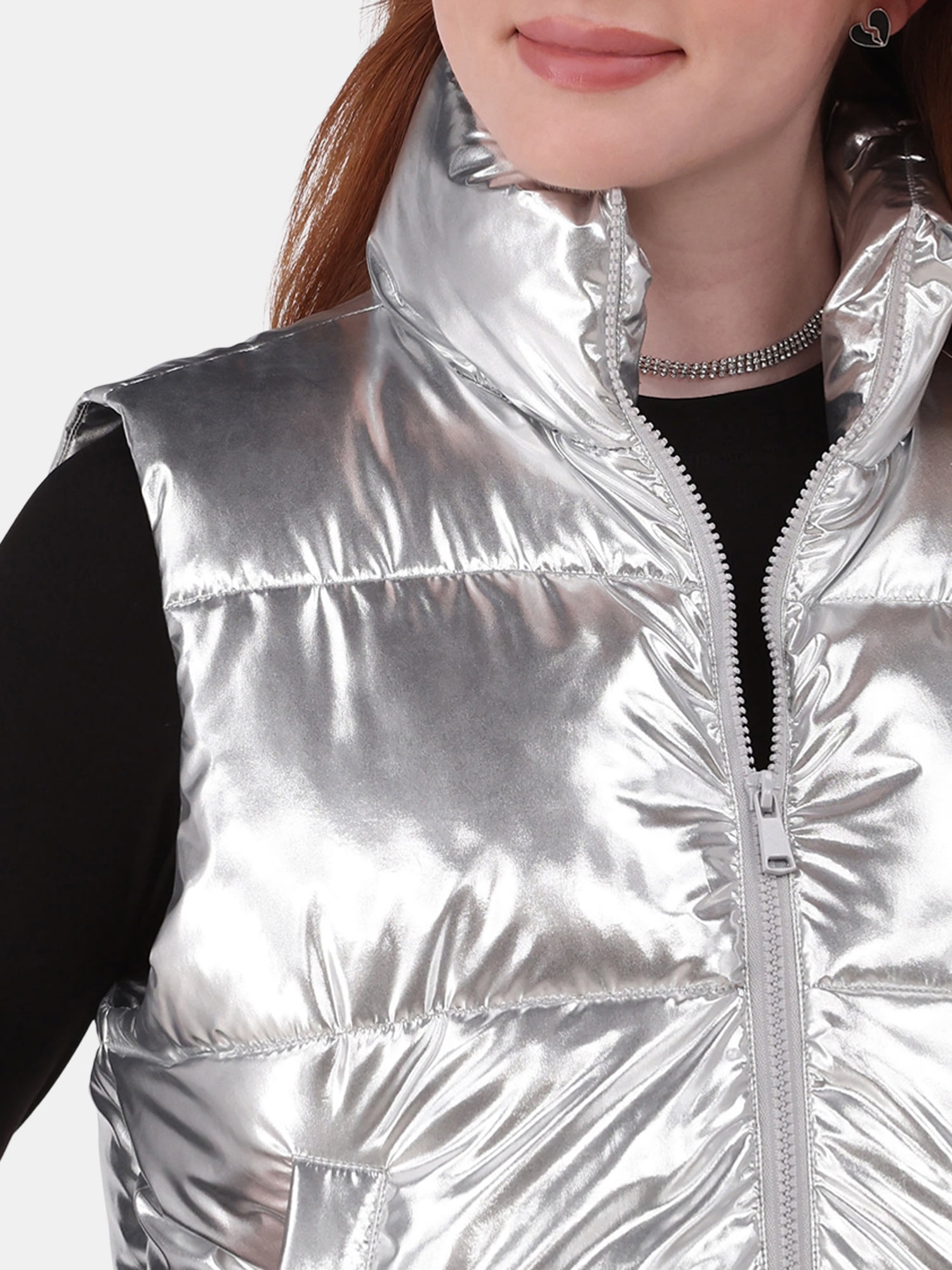 No Boundaries Metallic Puffer Vest, Women's and Women’s Plus